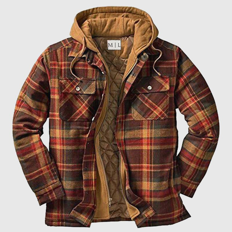 Men's red plaid lumberjack jacket relaxed fit with zipper closure for outdoor workwear