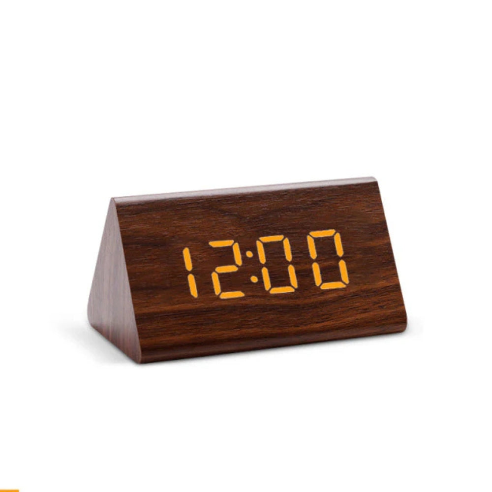 Minimalist black wood-textured LED alarm clock triangular silhouette with temperature display
