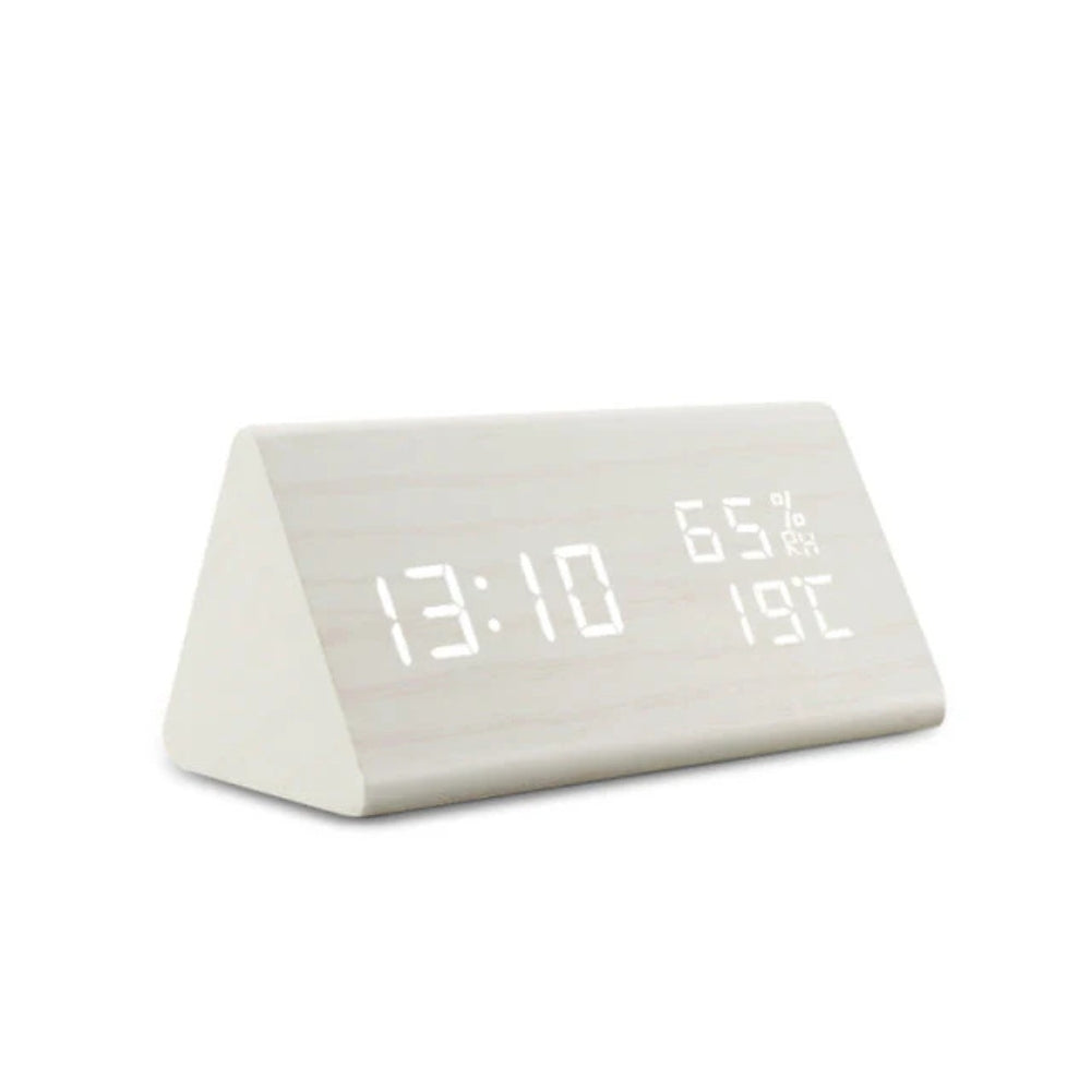 Minimalist black wood LED alarm clock triangular silhouette with temperature display modern design