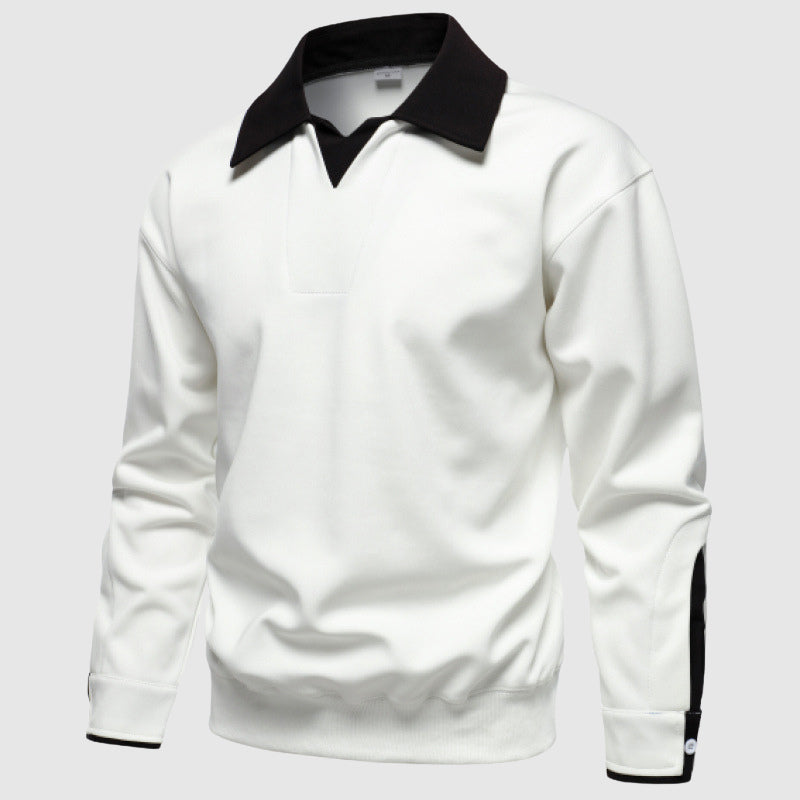 Men's minimalist knit sweater with contrast collar and sleeve accents in elegant tailored silhouette