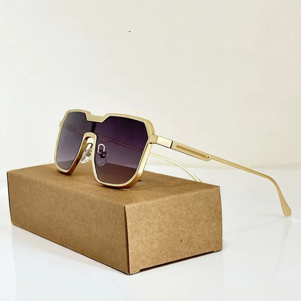 Black oversized shield visor sunglasses with futuristic angular frame, lightweight UV protection urban style