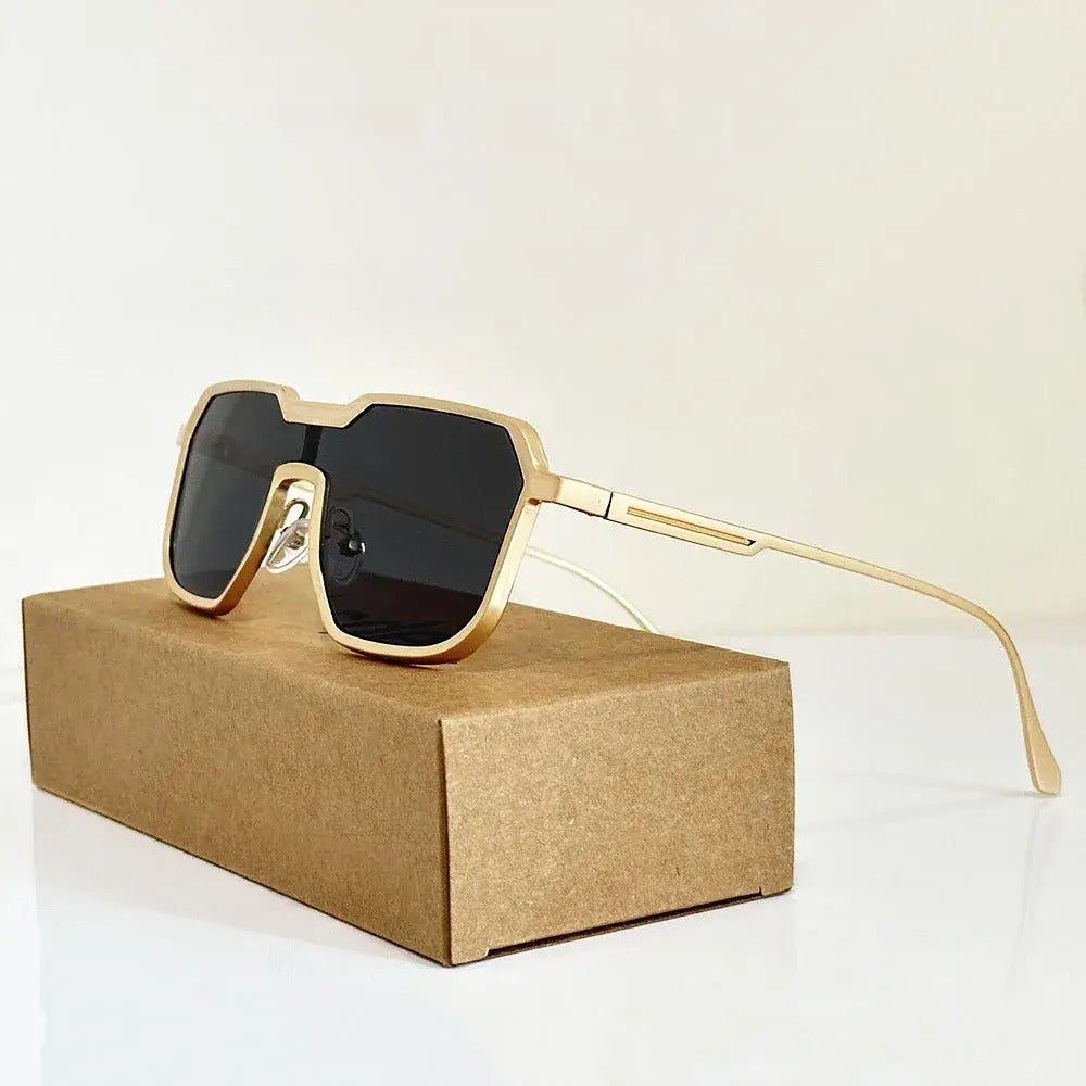 Black oversized shield sunglasses futuristic visor frame angular cut-out UV protection urban streetwear