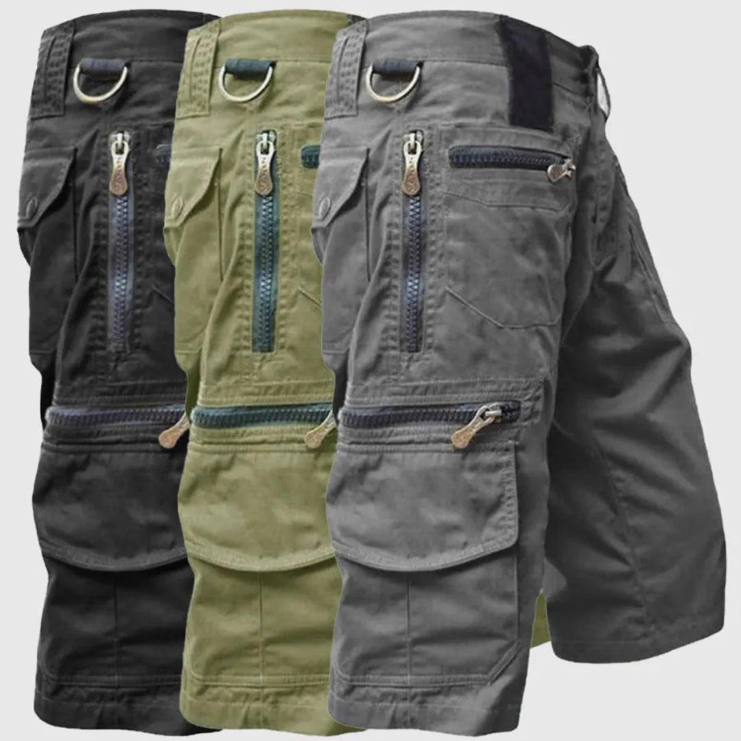 Men's khaki tactical cargo shorts regular fit with multiple secure zippered pockets for outdoor adventure