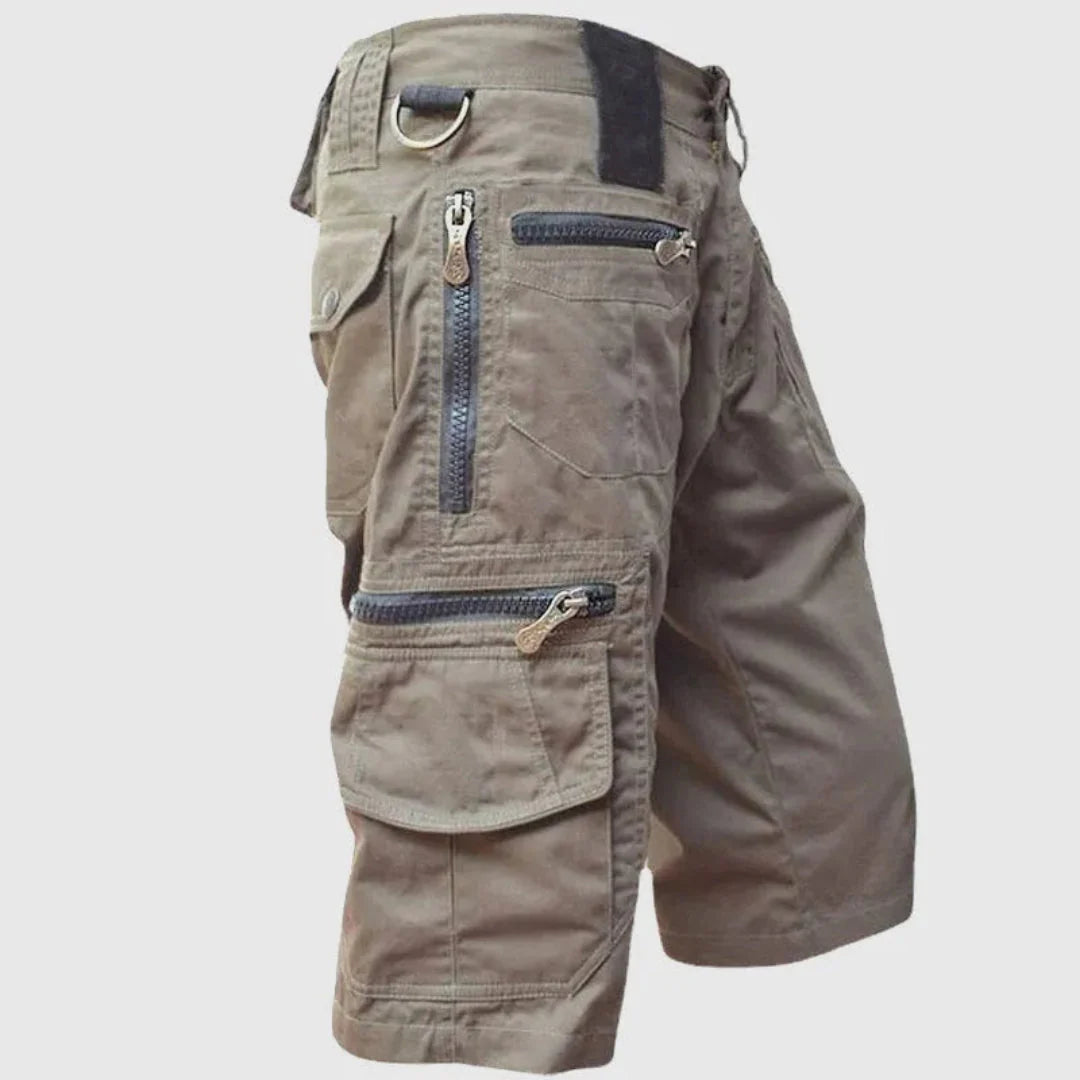 Men's khaki tactical cargo shorts regular fit with multiple secure zippered pockets for outdoor adventure