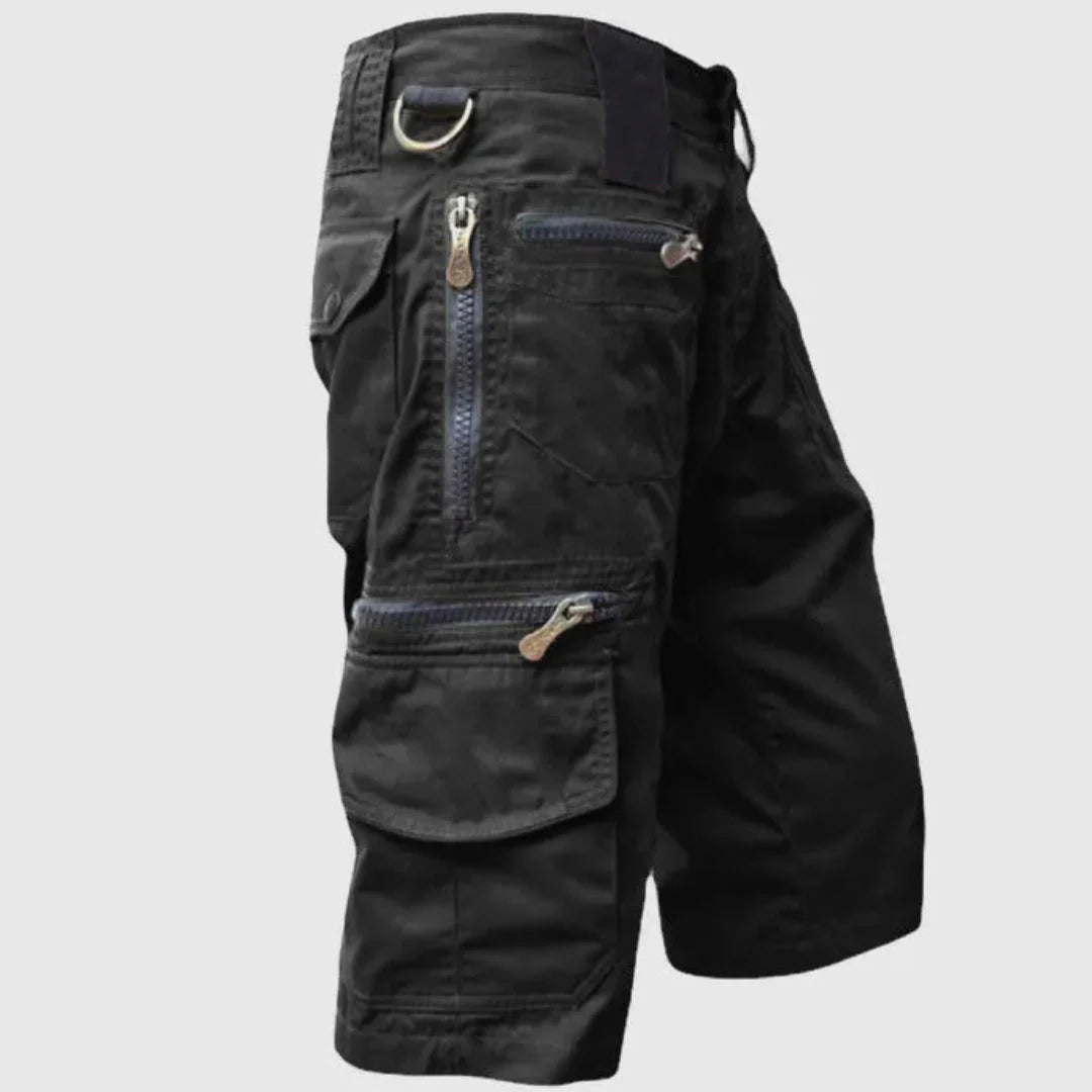 Men's khaki tactical cargo shorts regular fit with multiple secure zippered pockets for outdoor adventures