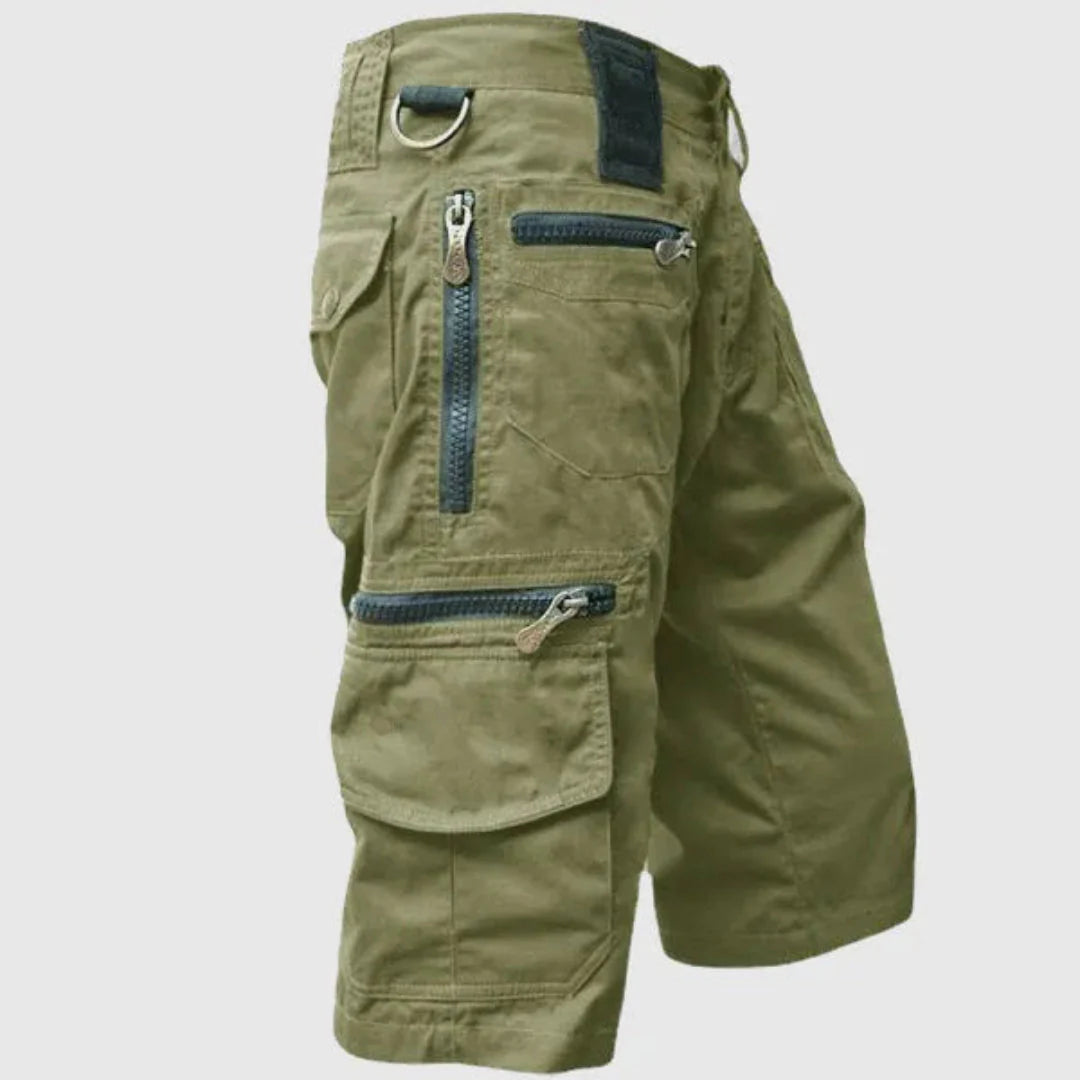Men's khaki tactical cargo shorts regular fit with multiple secure zippered pockets for outdoor adventures