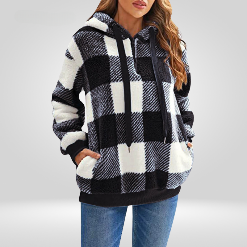 Women's relaxed fit checkered soft knit hoodie with half zipper, casual everyday style