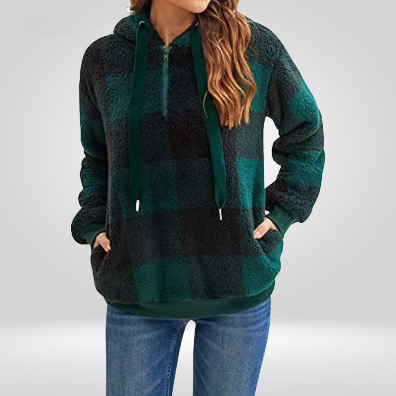 Women's relaxed fit checkered knit hoodie with half zipper, soft fabric, casual everyday style