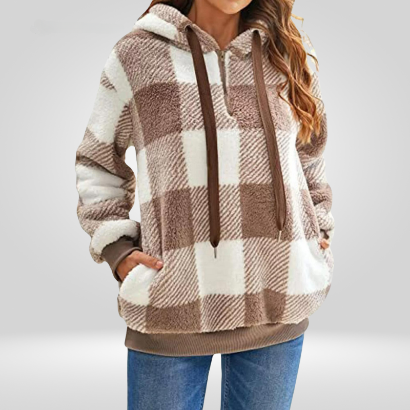 Women's relaxed fit checkered knit hoodie with half zipper, soft fabric, casual everyday style