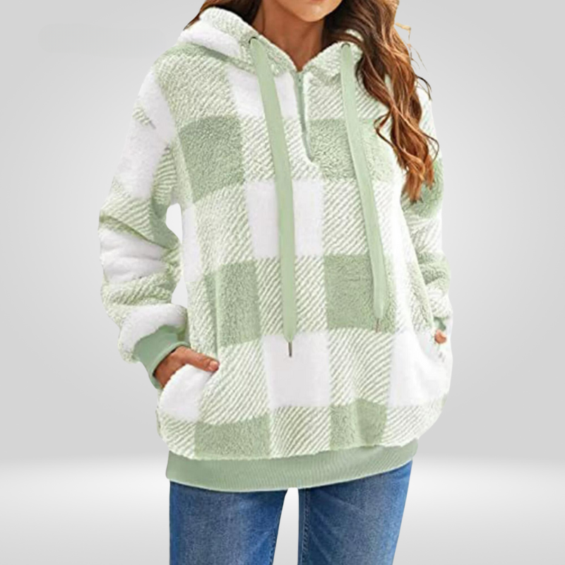 Women's soft knit relaxed fit hoodie checkered pattern half-zip casual pullover in neutral tones
