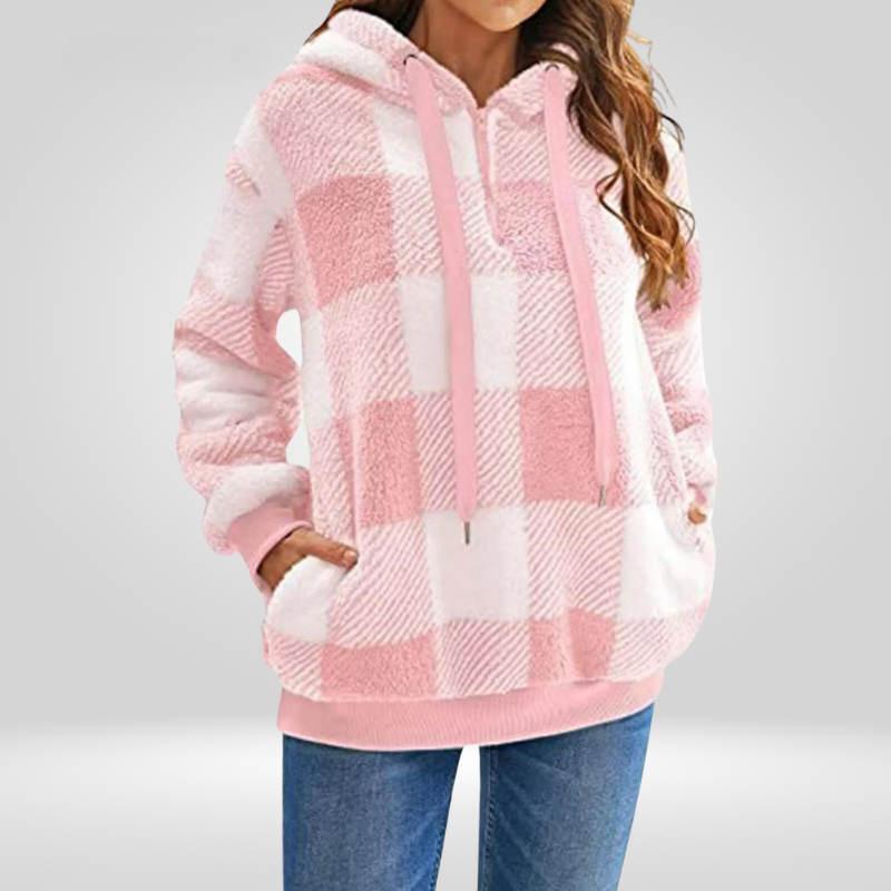 Women's relaxed fit checkered soft knit hoodie with half zipper in neutral tones by Urbann Vibe