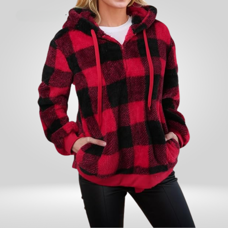 Women's soft knit relaxed fit checkered hoodie with half zipper, casual everyday style