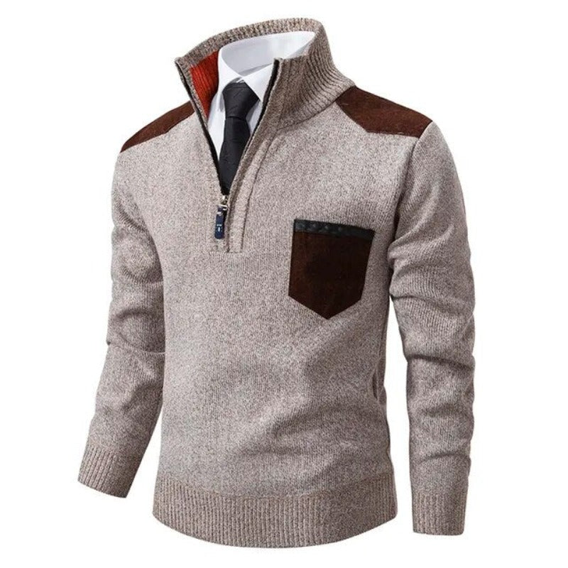 Men's quarter-zip sweater with chest pocket, contrasting shoulder panels, smart layering style