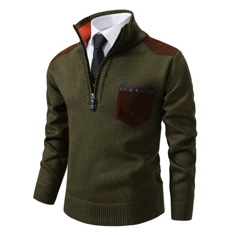 Men's quarter-zip sweater with chest pocket and contrasting shoulder panels for smart layering