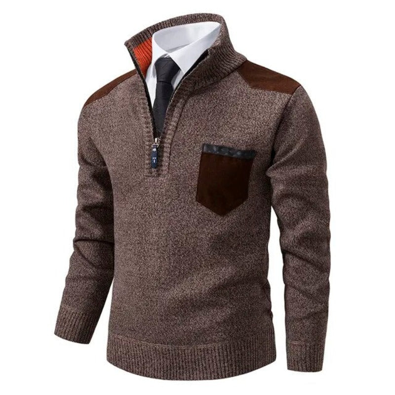 Men's quarter-zip sweater with chest pocket and contrasting shoulder panels, smart layering style