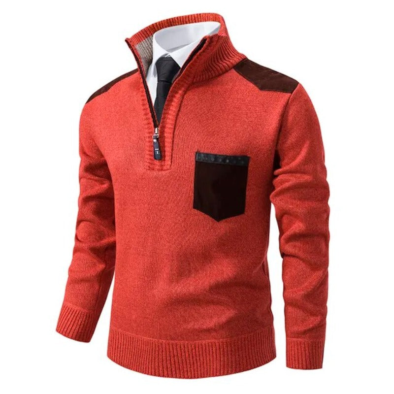 Men's quarter-zip sweater with chest pocket and contrasting shoulder panels for smart layering