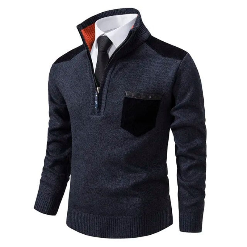 Men's quarter-zip sweater with chest pocket, contrasting shoulder panels, smart layering style
