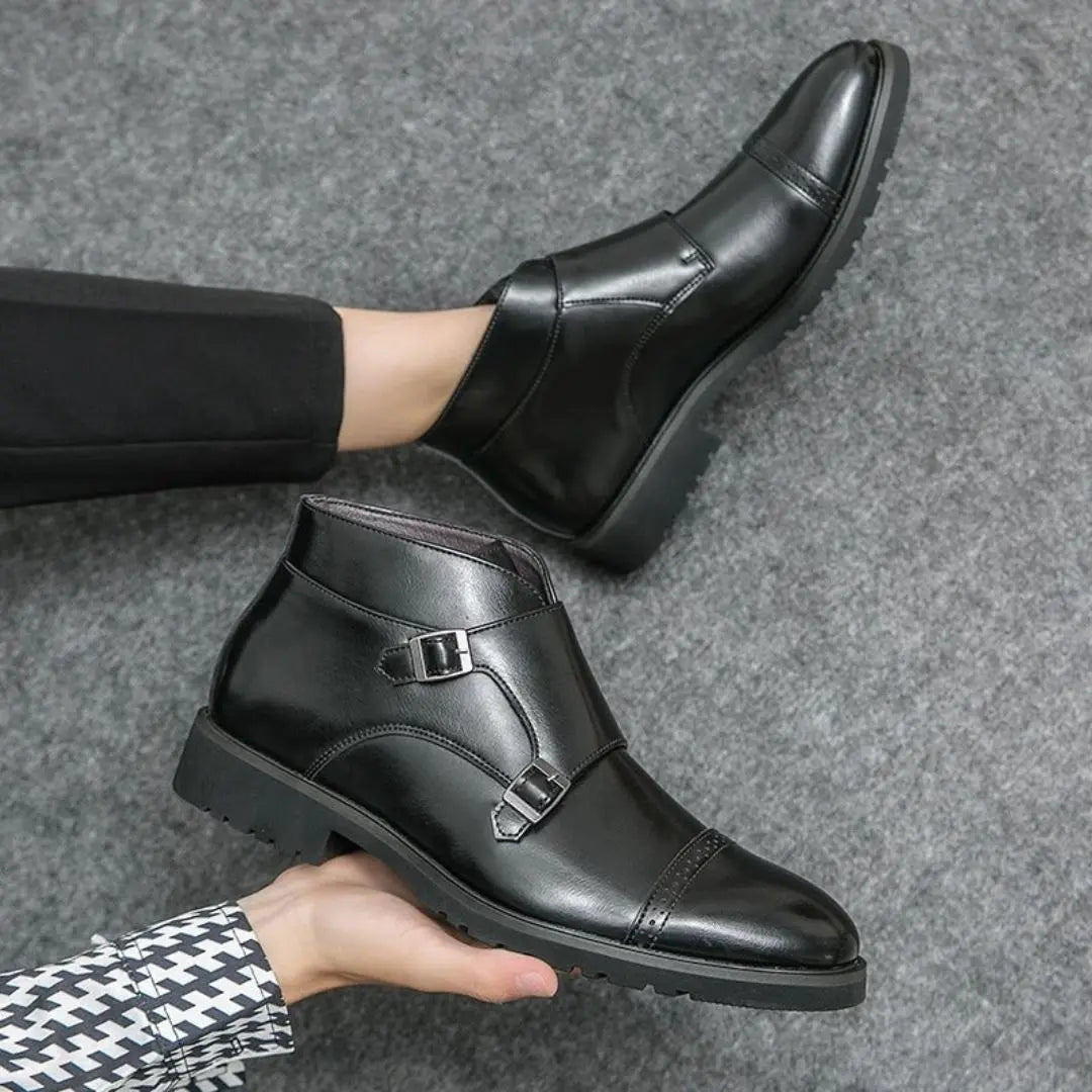 Men's brown leather monk strap boots with double buckle closure and brogue detailing