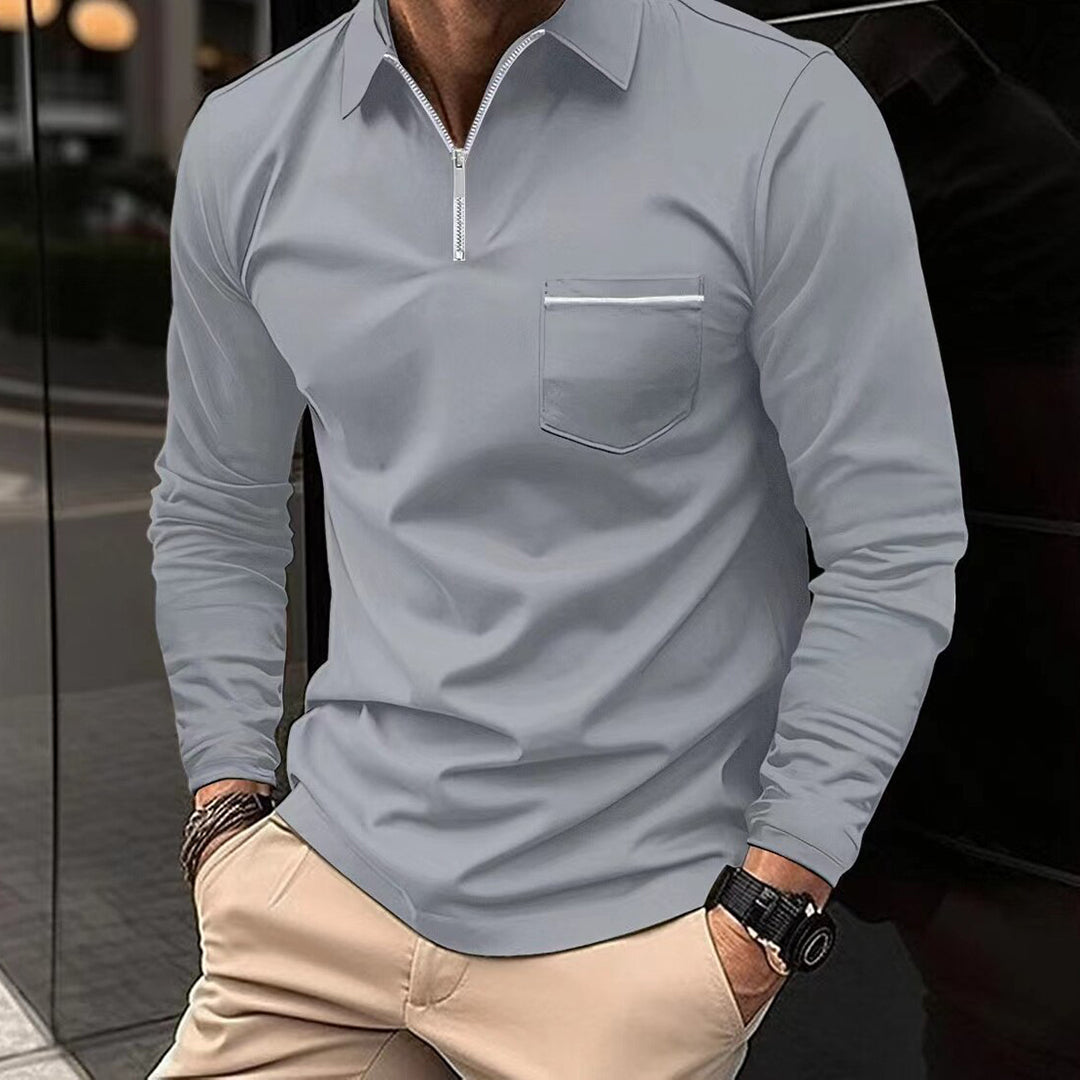 Nordic-inspired men's slim fit long sleeve polo in neutral tones with half-zip neckline and chest pocket