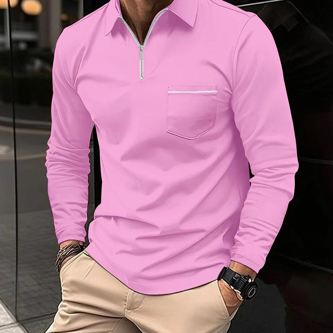 Nordic-inspired men's slim fit long sleeve polo, half-zip neckline, chest pocket, smart casual