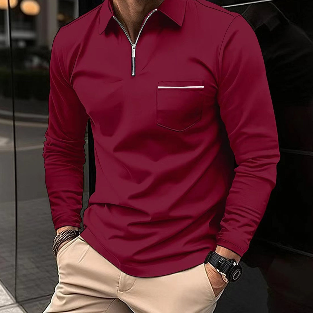 Nordic-inspired men's slim fit long sleeve polo in smart casual style with half zip chest pocket