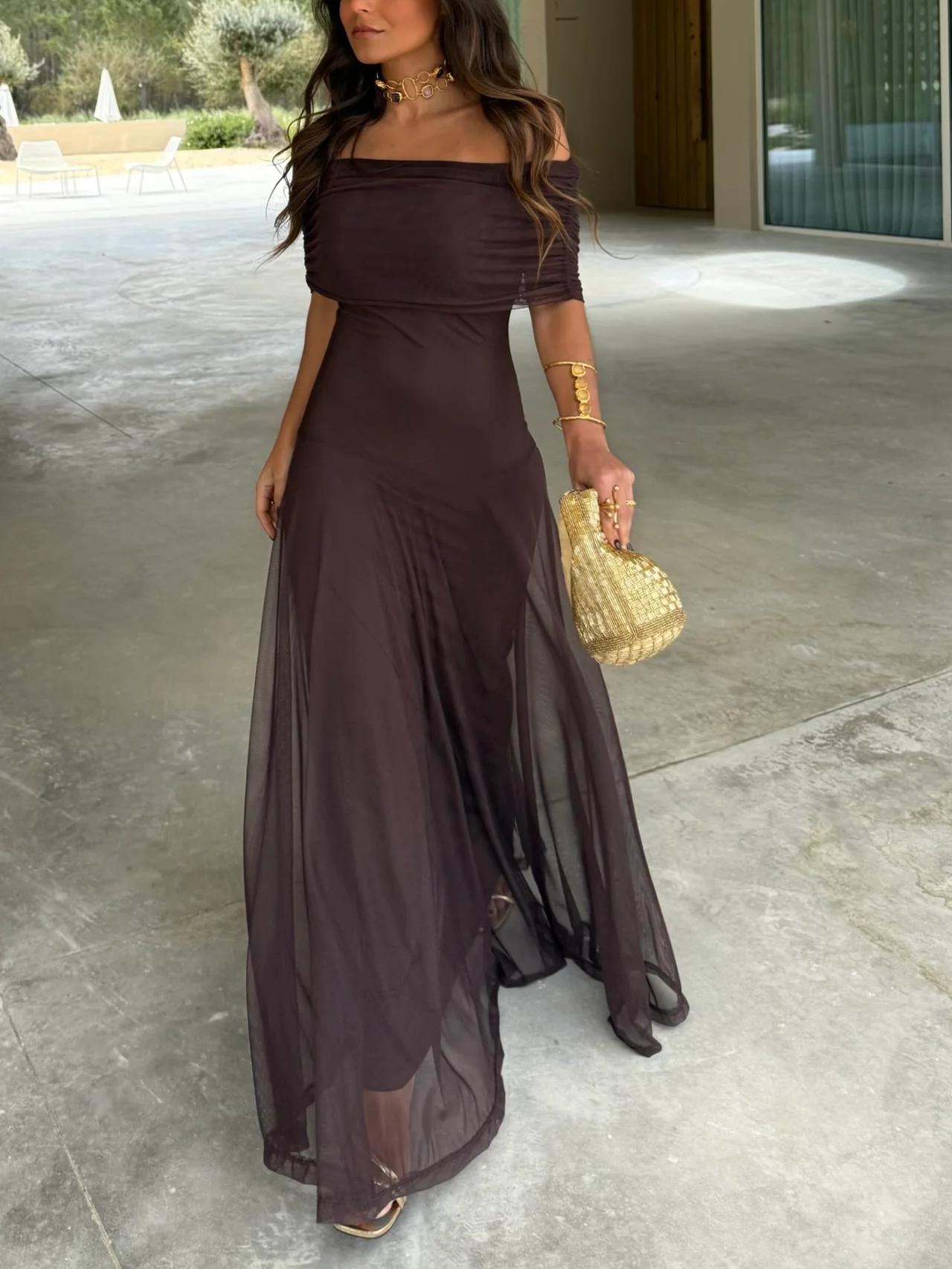 Women's off-shoulder chiffon maxi dress, flowing lined silhouette with straight neckline
