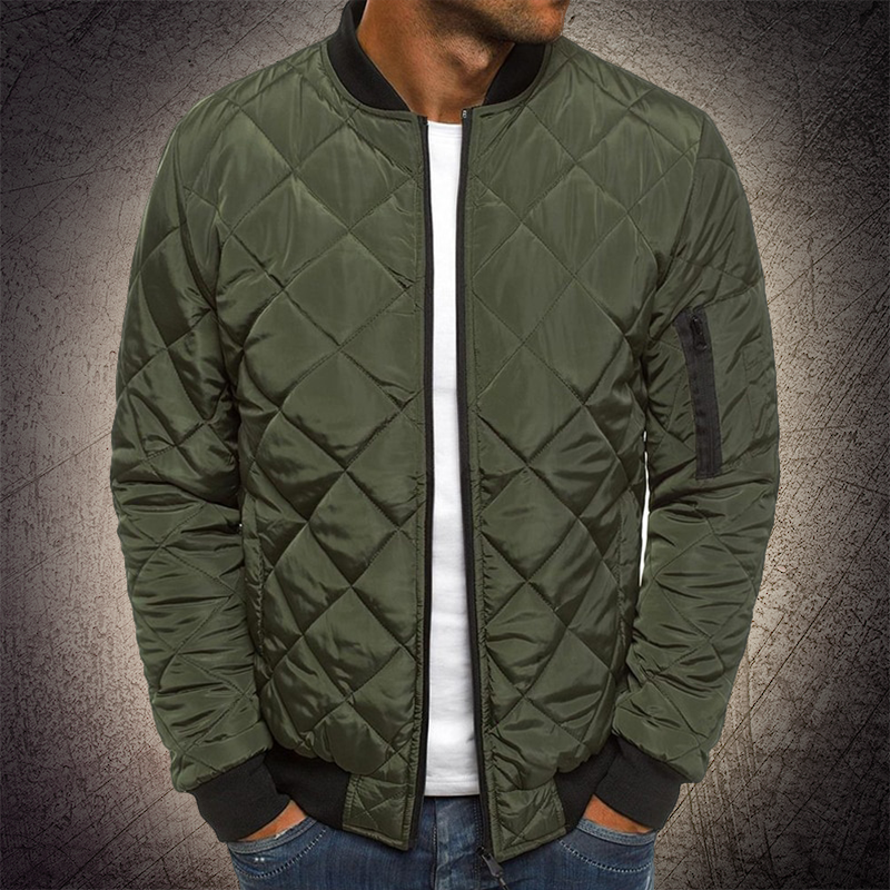 Men's black quilted lightweight bomber jacket with ribbed cuffs and modern sleek silhouette