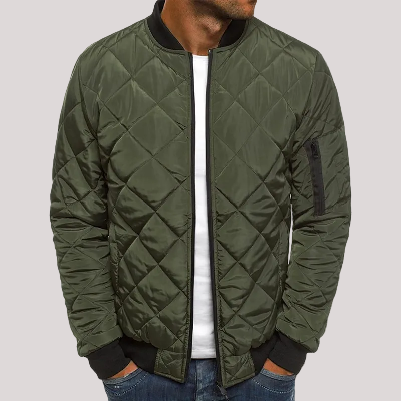Men's black quilted bomber jacket with ribbed cuffs and warm insulation for a clean slim fit