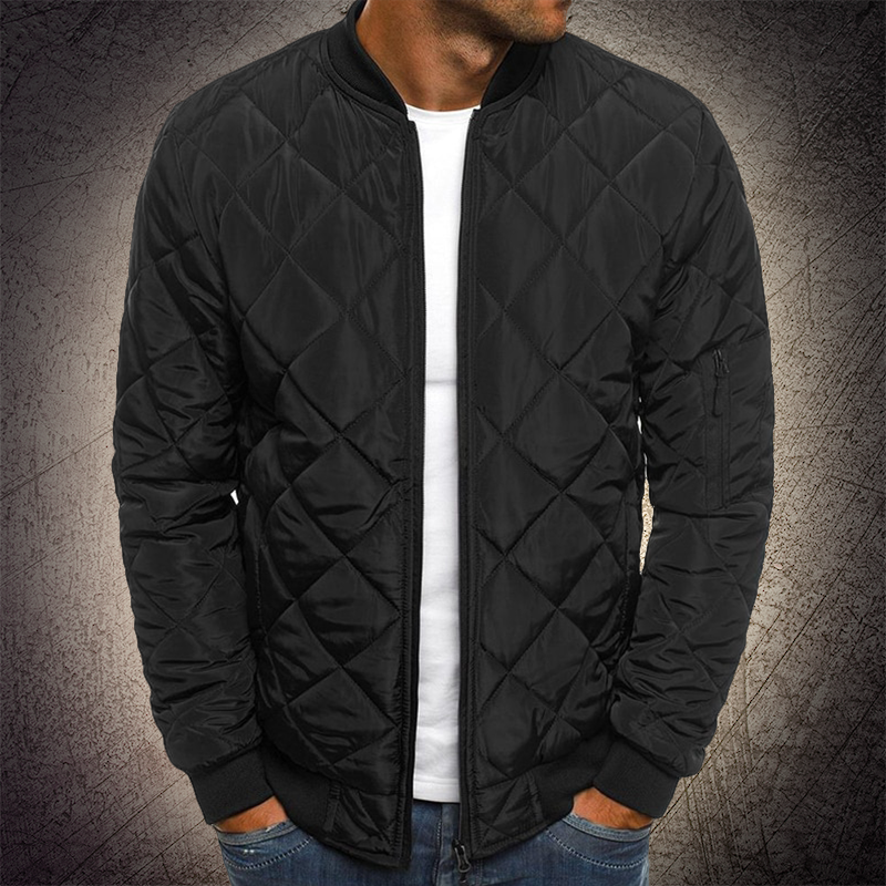 Men's black quilted lightweight bomber jacket with ribbed cuffs and modern sleek silhouette