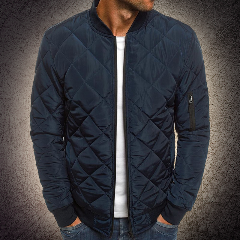 Men's black quilted lightweight bomber jacket with ribbed cuffs and modern sleek silhouette