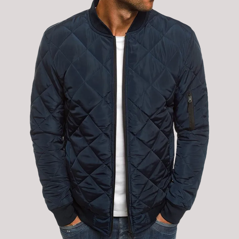 Men's black quilted bomber jacket with ribbed cuffs and warm insulation slim clean silhouette