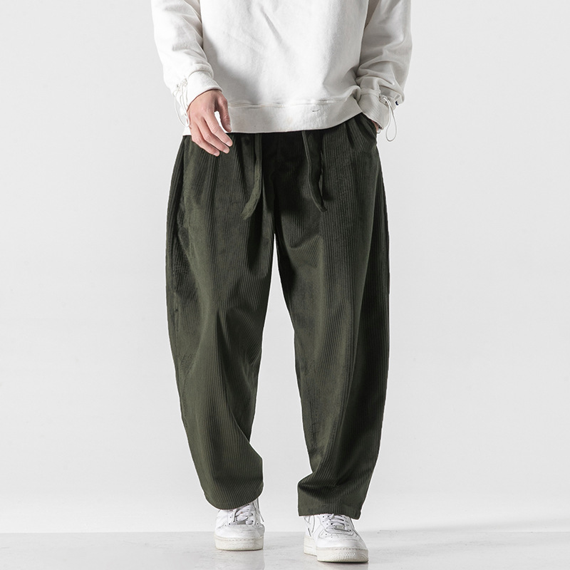 Men's brown corduroy relaxed-fit trousers with adjustable waist ties for everyday comfort