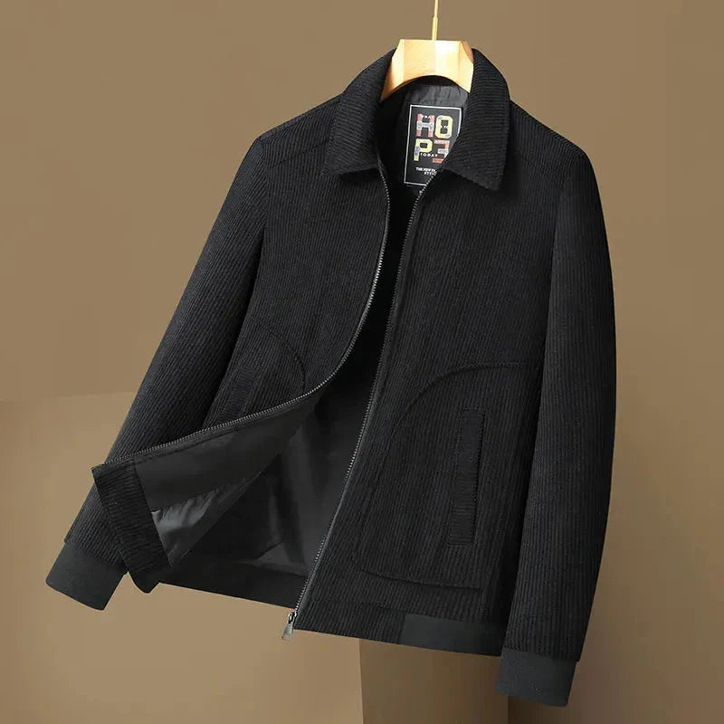 Men's tailored fit corduroy jacket with turn-down collar, premium textured fabric, autumn layering essential