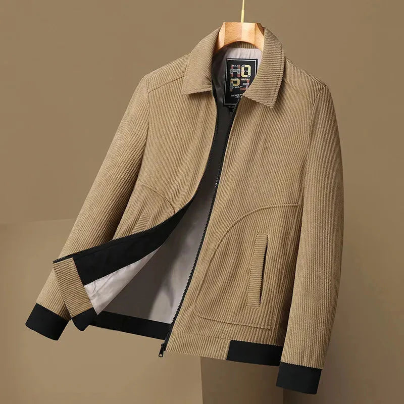 Men's tailored fit brown corduroy jacket with turn-down collar, premium fabric autumn essential