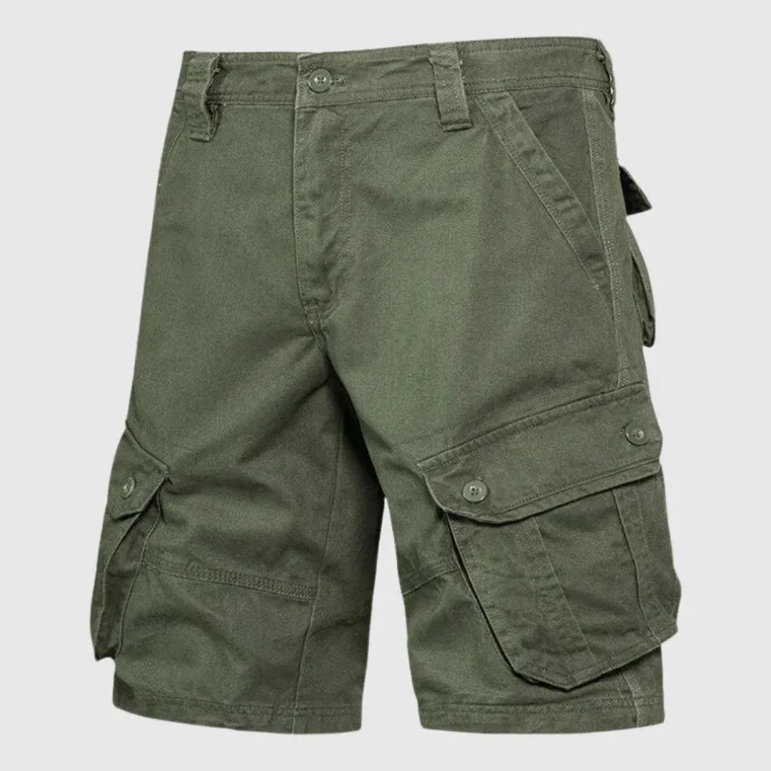 Men's khaki cargo shorts relaxed fit breathable cotton twill multiple oversized pockets outdoor style