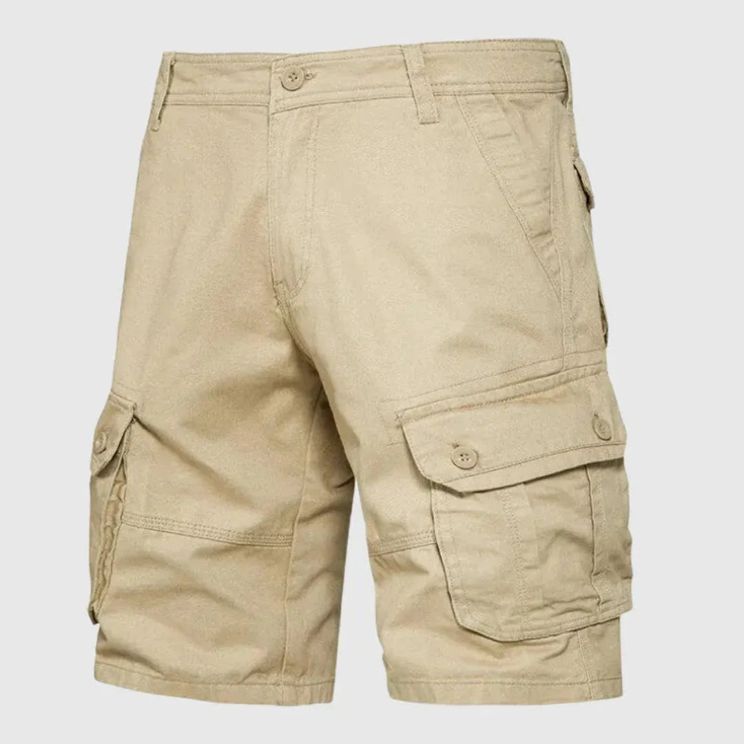 Men's khaki cargo shorts relaxed fit breathable cotton twill multiple oversized pockets outdoor style