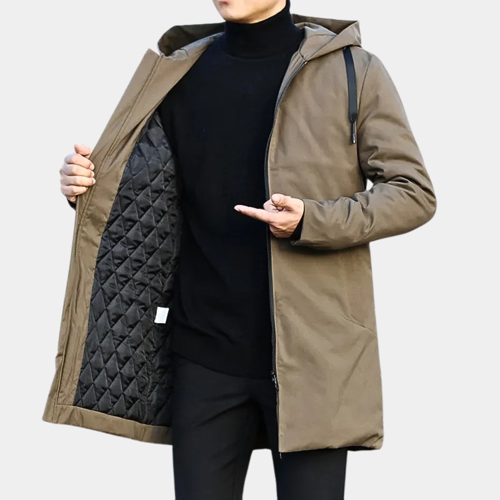 Men's long hooded winter coat black quilted insulation water-resistant windproof cold weather