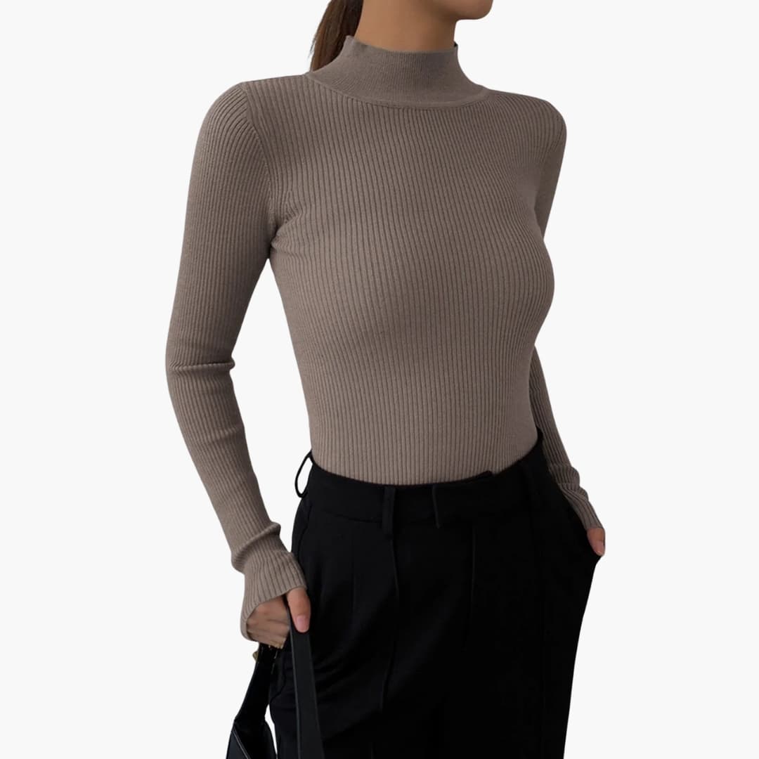 Women's ribbed knit long-sleeve pullover top with stand-up collar, elegant structured silhouette