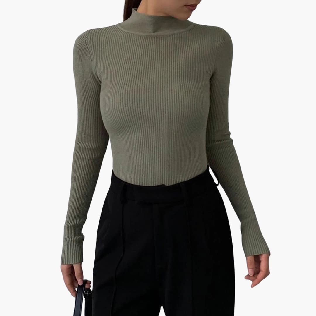 Women's ribbed knit pullover top, stand-up collar, long sleeve, structured minimalist silhouette