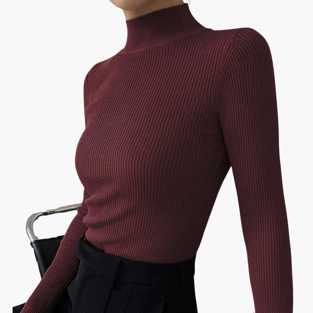 Women's ribbed knit long sleeve pullover top with stand-up collar, elegant structured silhouette