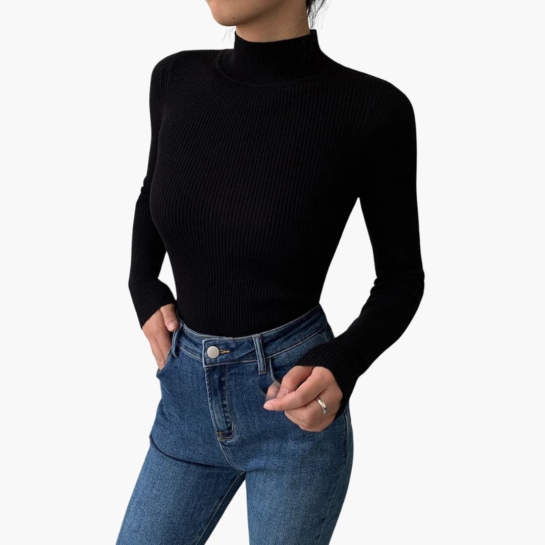 Women's ribbed knit pullover top, stand-up collar, long sleeve, structured minimalist silhouette
