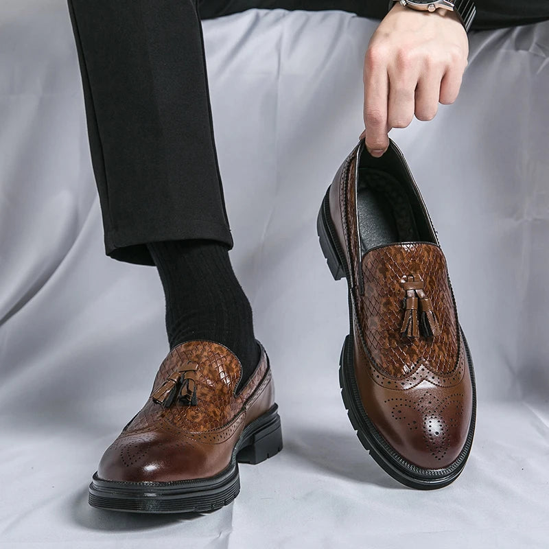 Brown genuine leather oxford shoes woven brogue detailing tassel accents durable treaded sole
