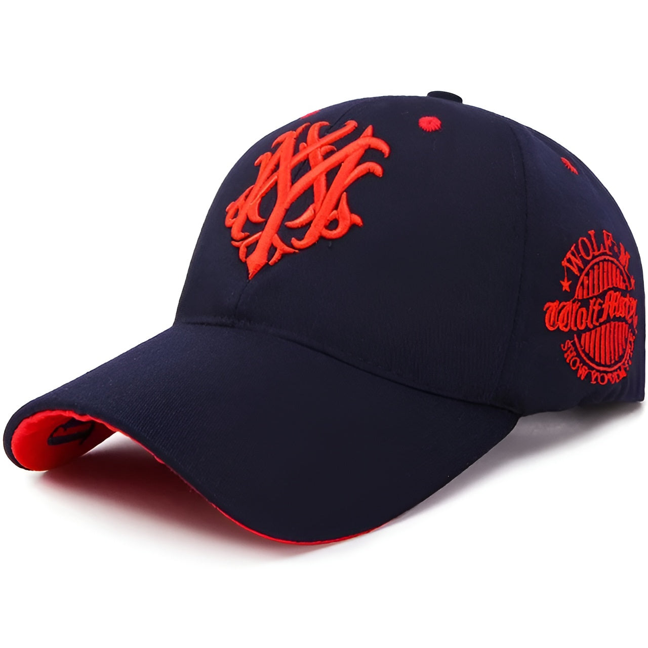 Black cotton outdoor cap with intricate embroidered wolf totem symbol for adventurers