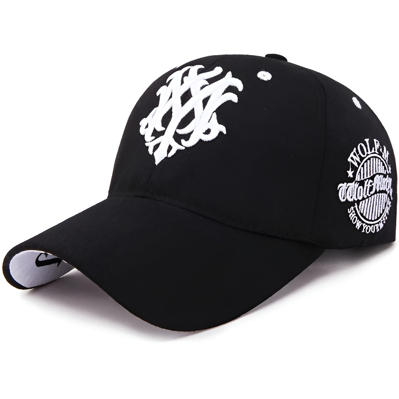 Black cotton outdoor cap with intricate embroidered wolf totem symbol for adventurers