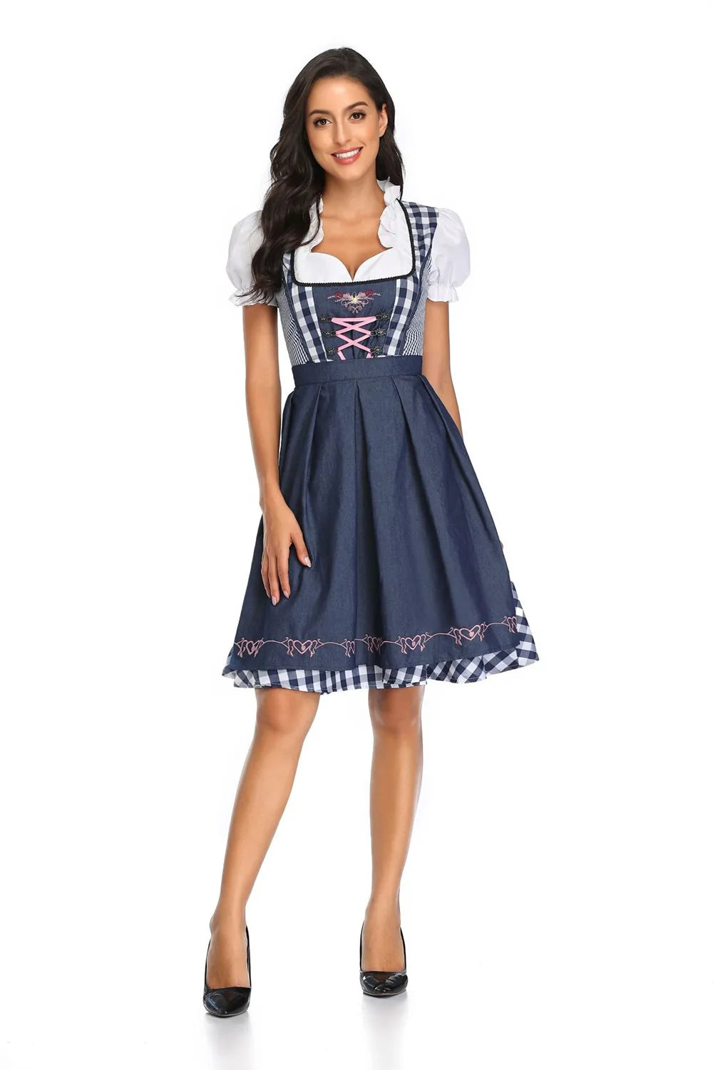 Women's Bavarian Oktoberfest dirndl dress, lace-up bodice, puff sleeve white blouse, apron overlay