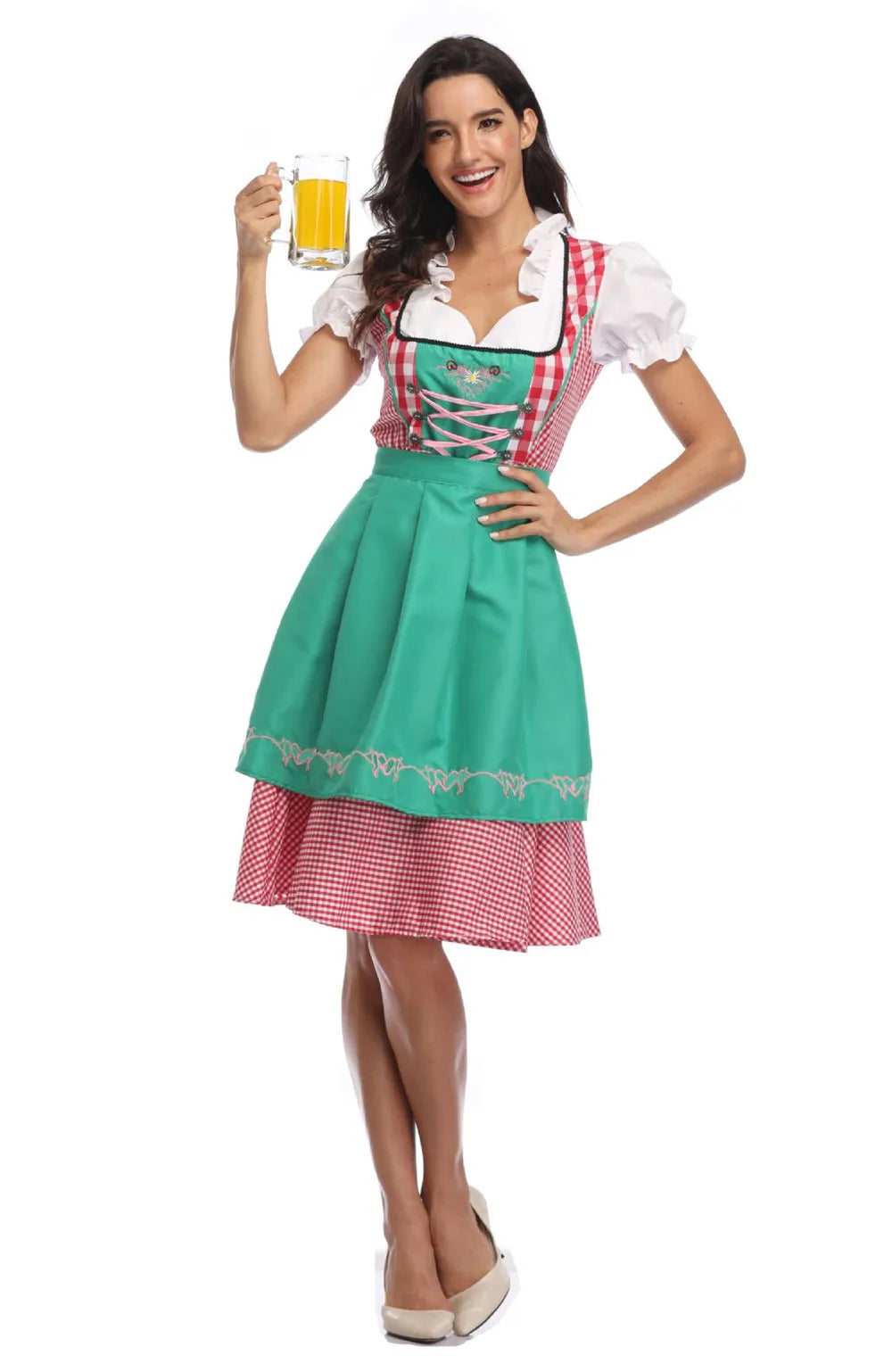Women's Bavarian Oktoberfest dirndl dress, lace-up bodice, puff sleeve white blouse, apron overlay