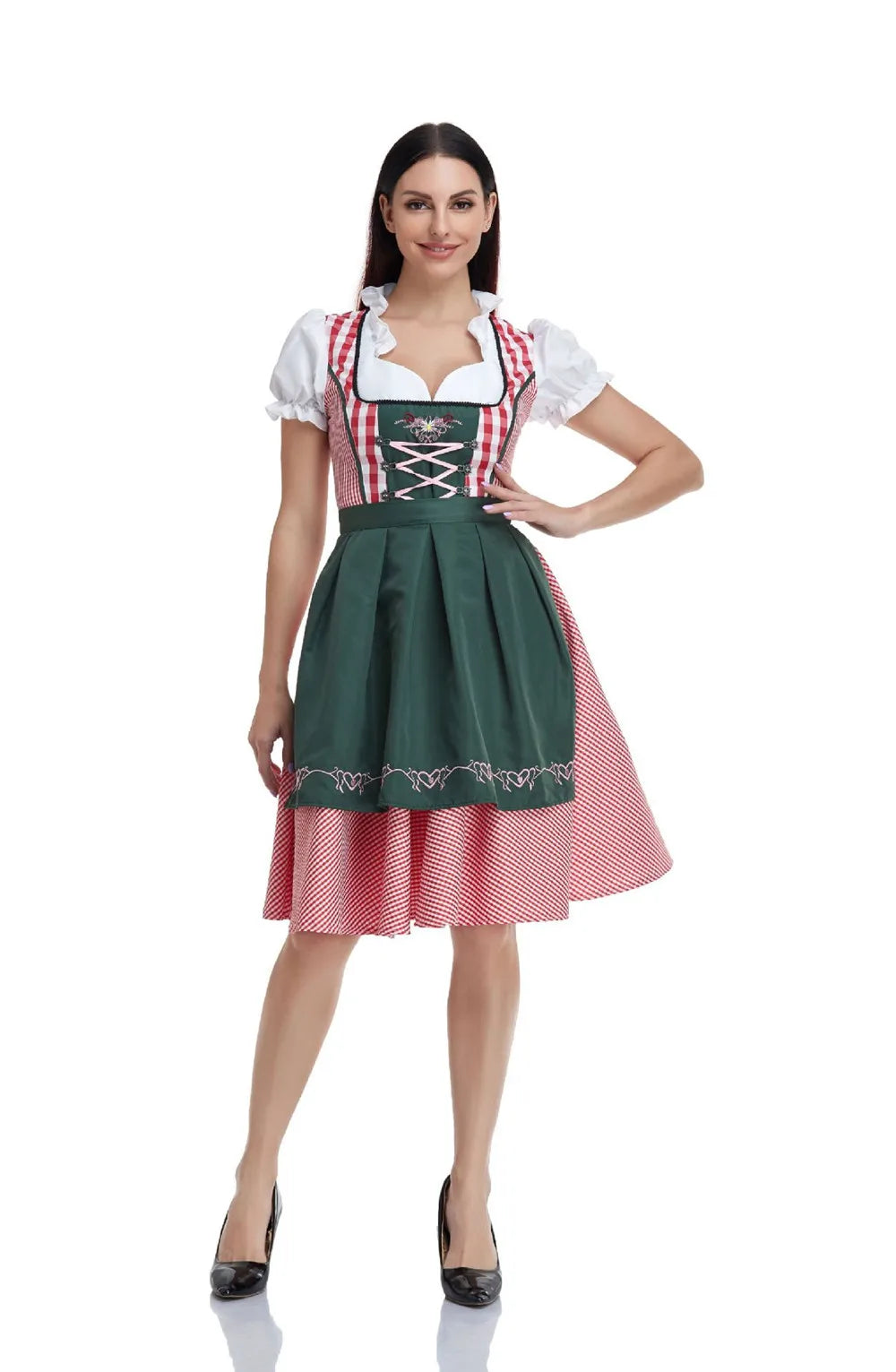 Women's Bavarian Oktoberfest dirndl dress, lace-up fitted bodice, puff sleeve white blouse, apron overlay