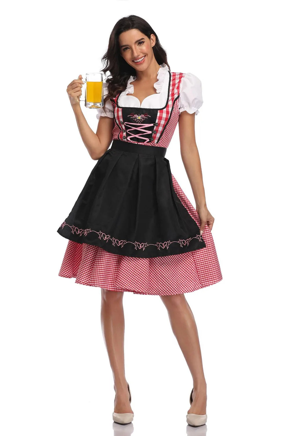 Women's Bavarian Oktoberfest dirndl dress, blue lace-up bodice, puff sleeve white blouse, apron overlay