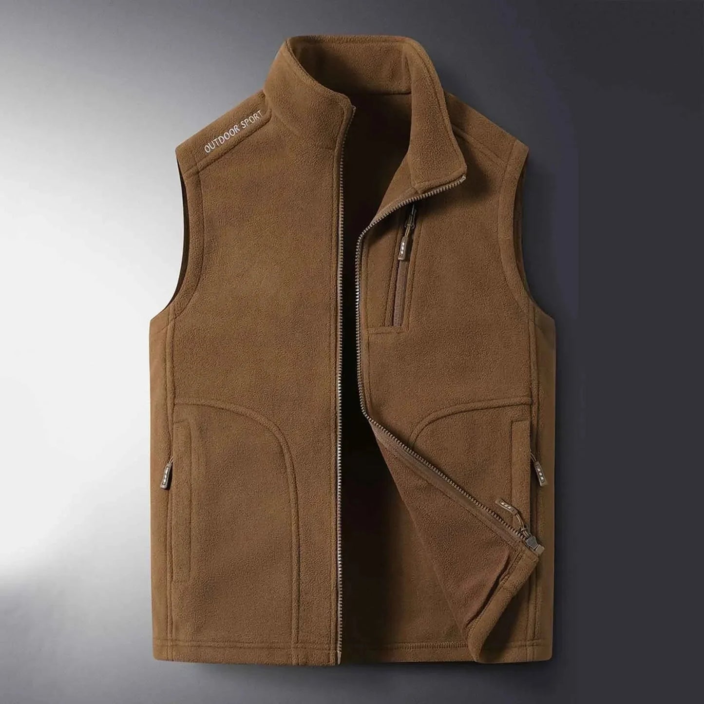 Travis lightweight gray fleece vest full-zip closure zippered pockets outdoor hiking commuter style
