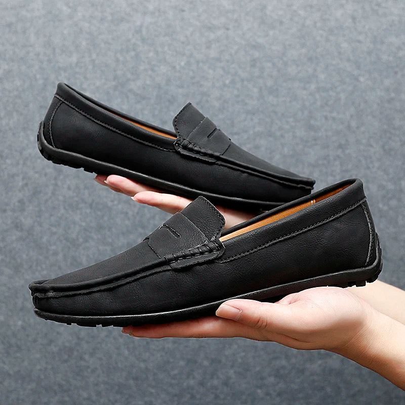 Men's genuine leather penny loafers slip-on brown classic silhouette hand-stitched vamp detailing